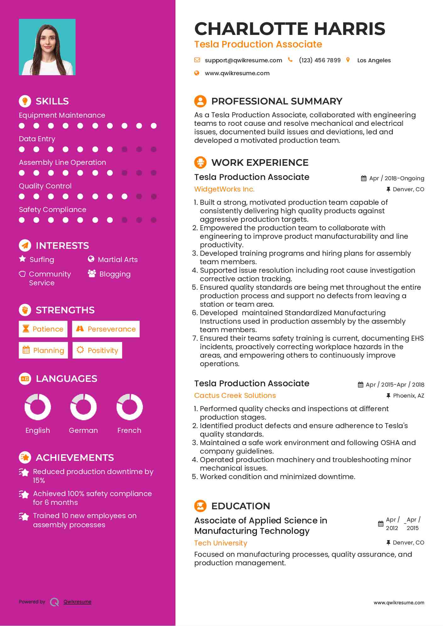 Tesla Production Associate Resume Sample