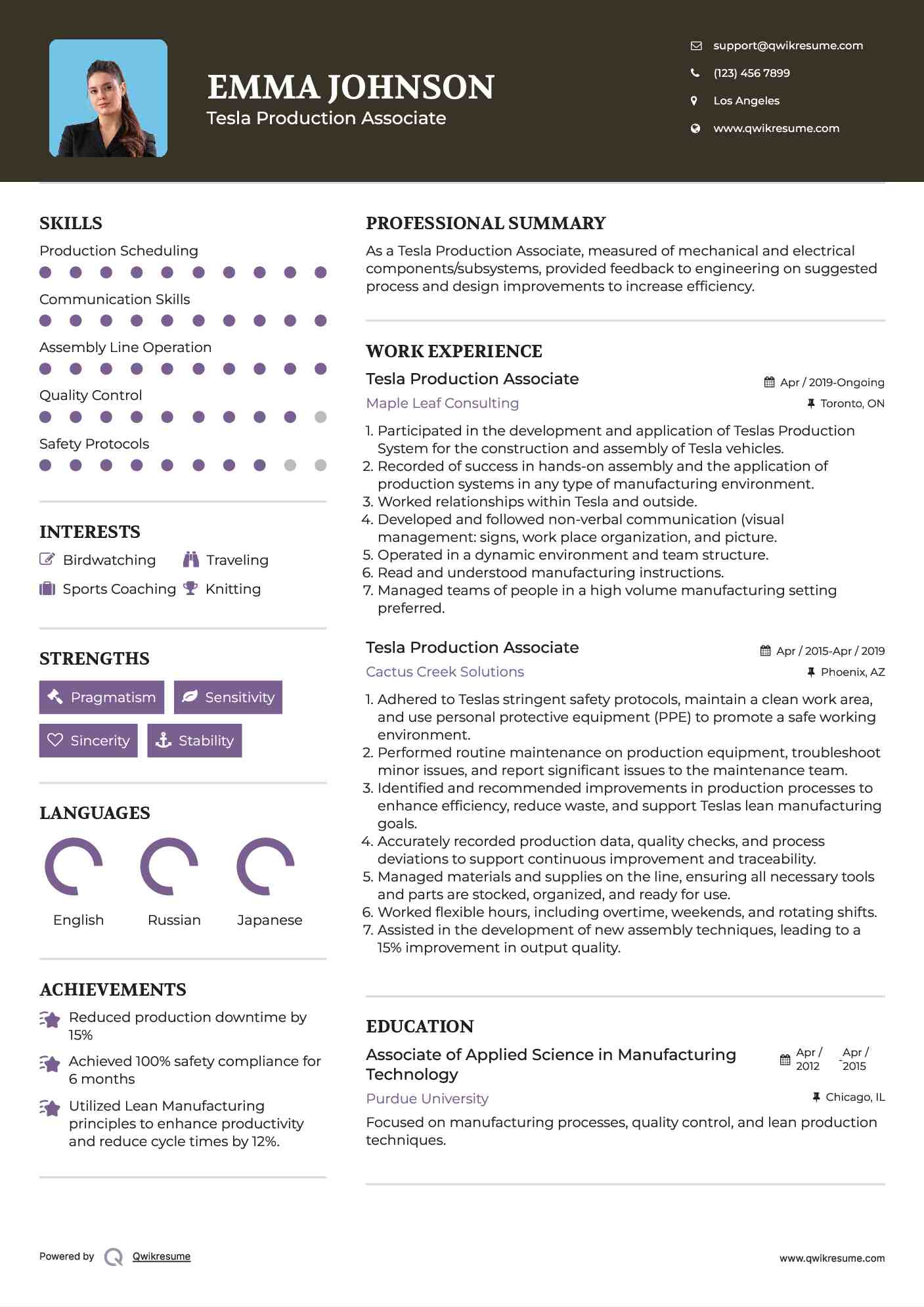 Tesla Production Associate Resume Template