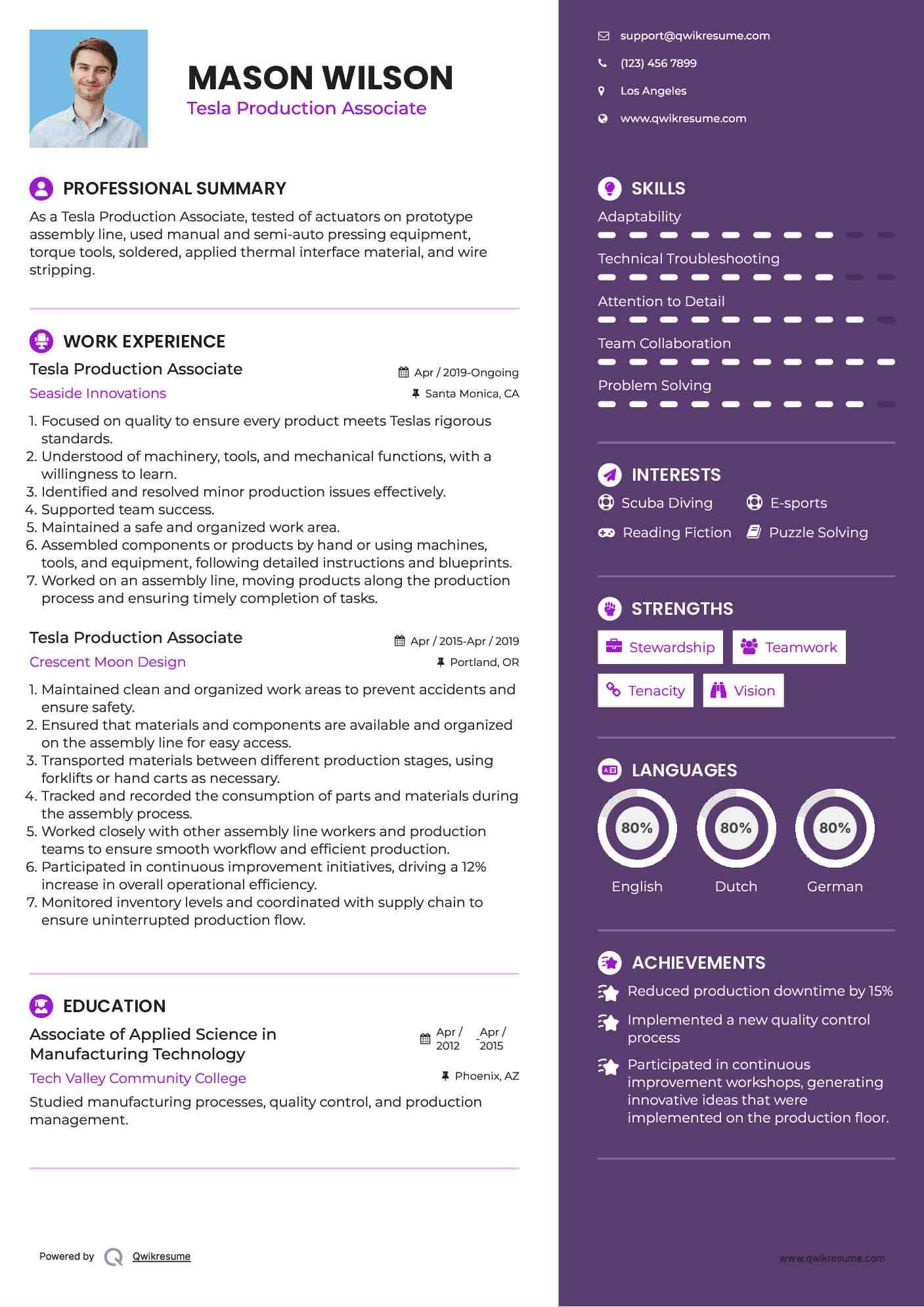 Tesla Production Associate Resume Template