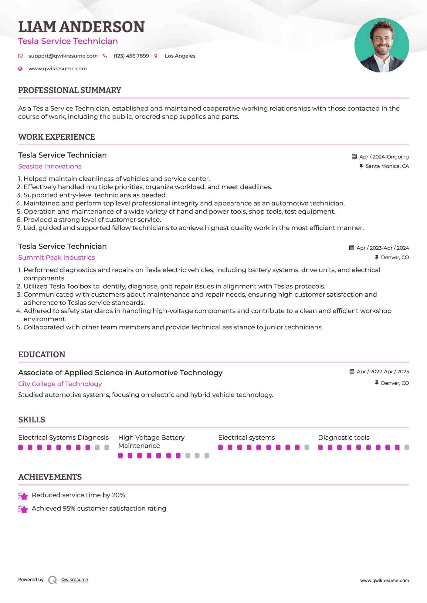 Tesla Service Technician Resume Format