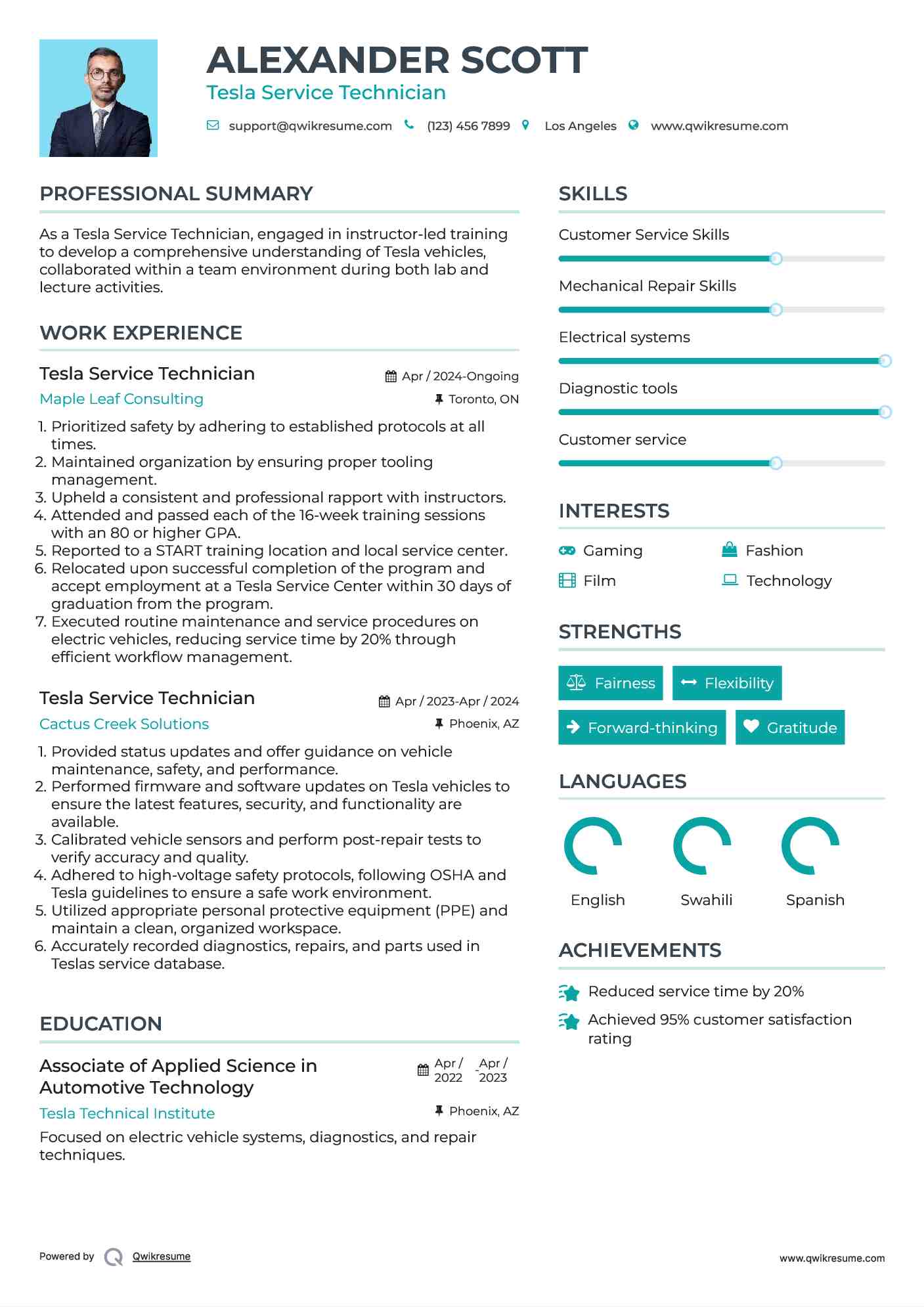 Tesla Service Technician Resume Template