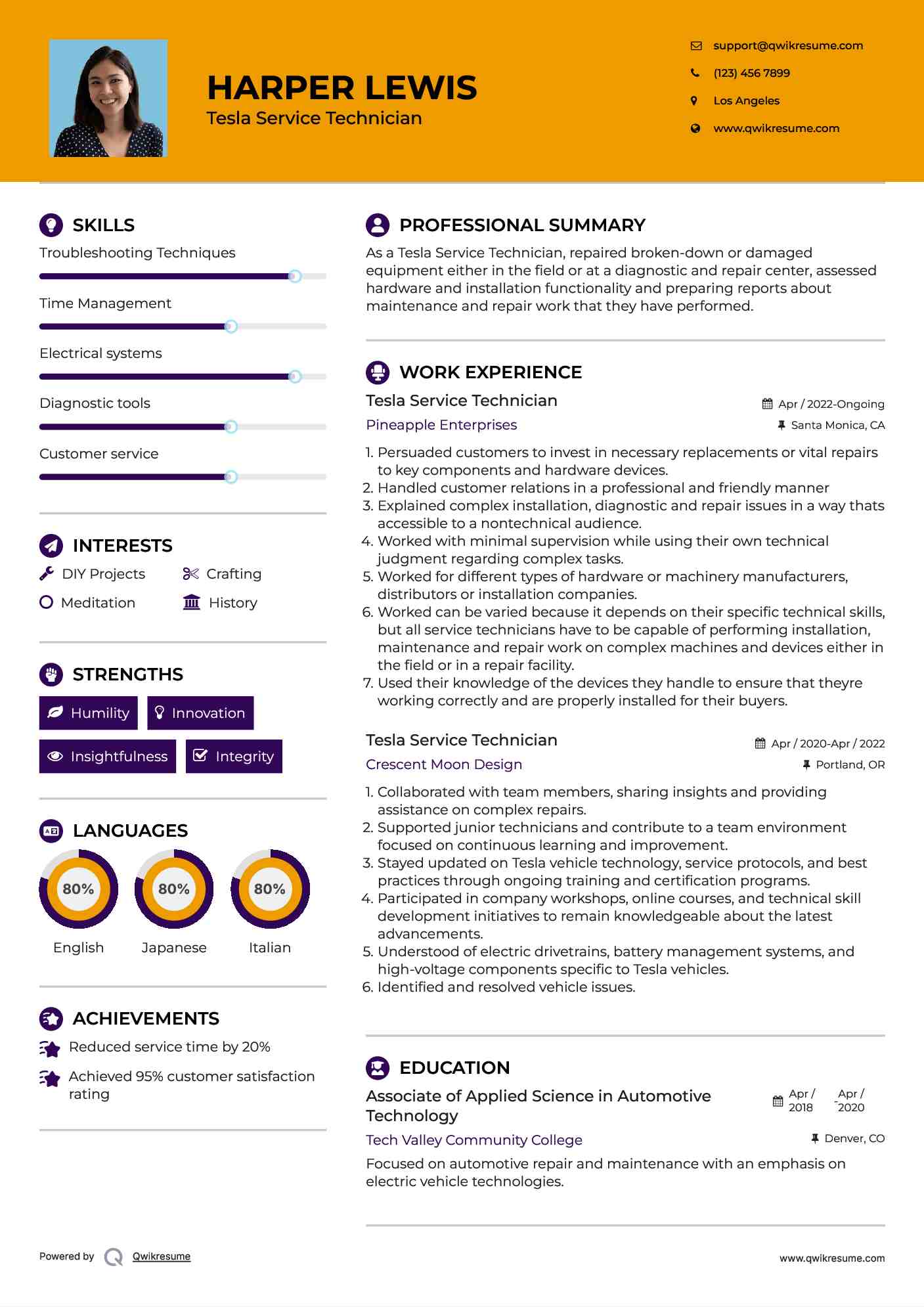 Tesla Service Technician Resume Template