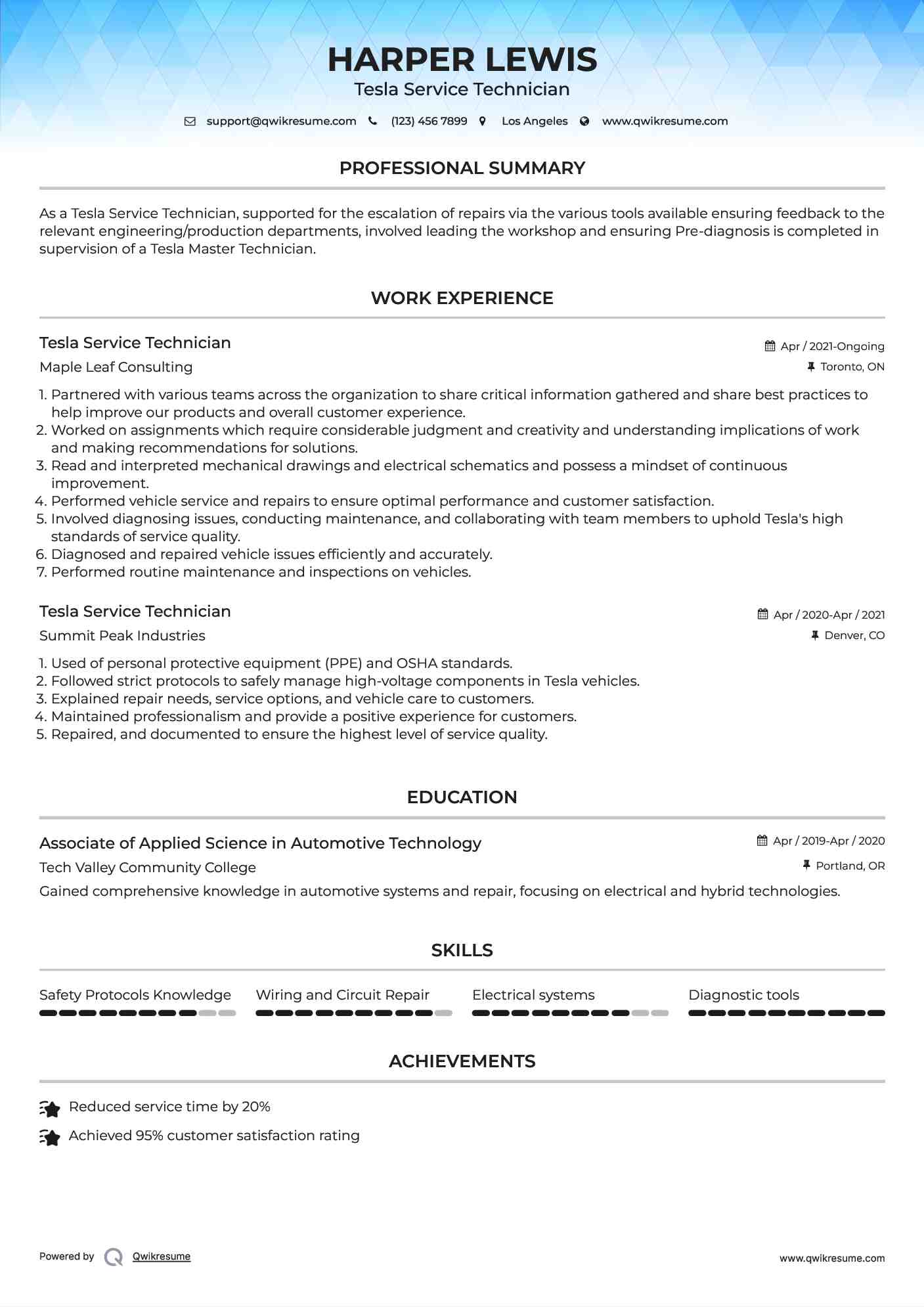 Tesla Service Technician Resume Template