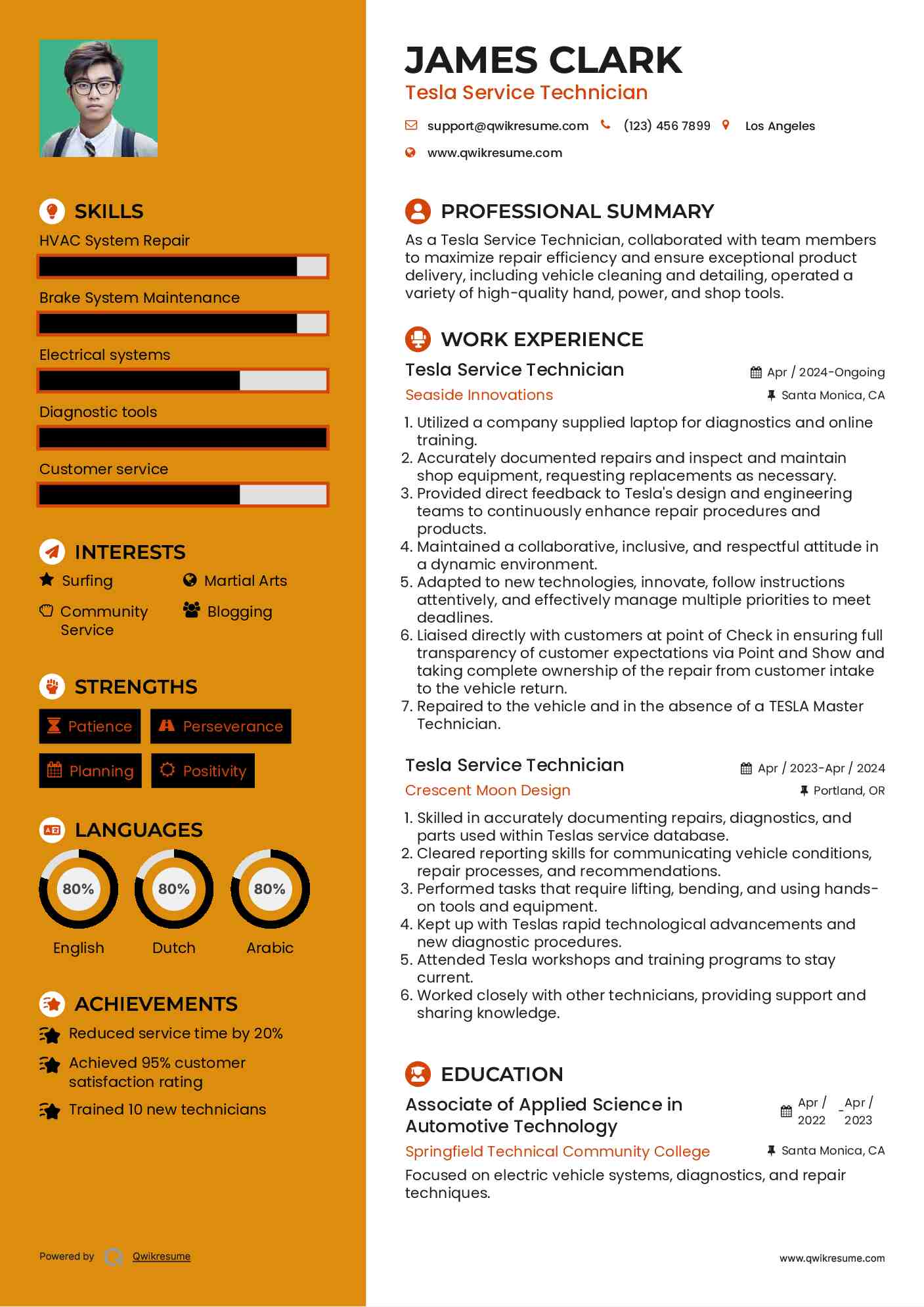 Tesla Service Technician Resume Template