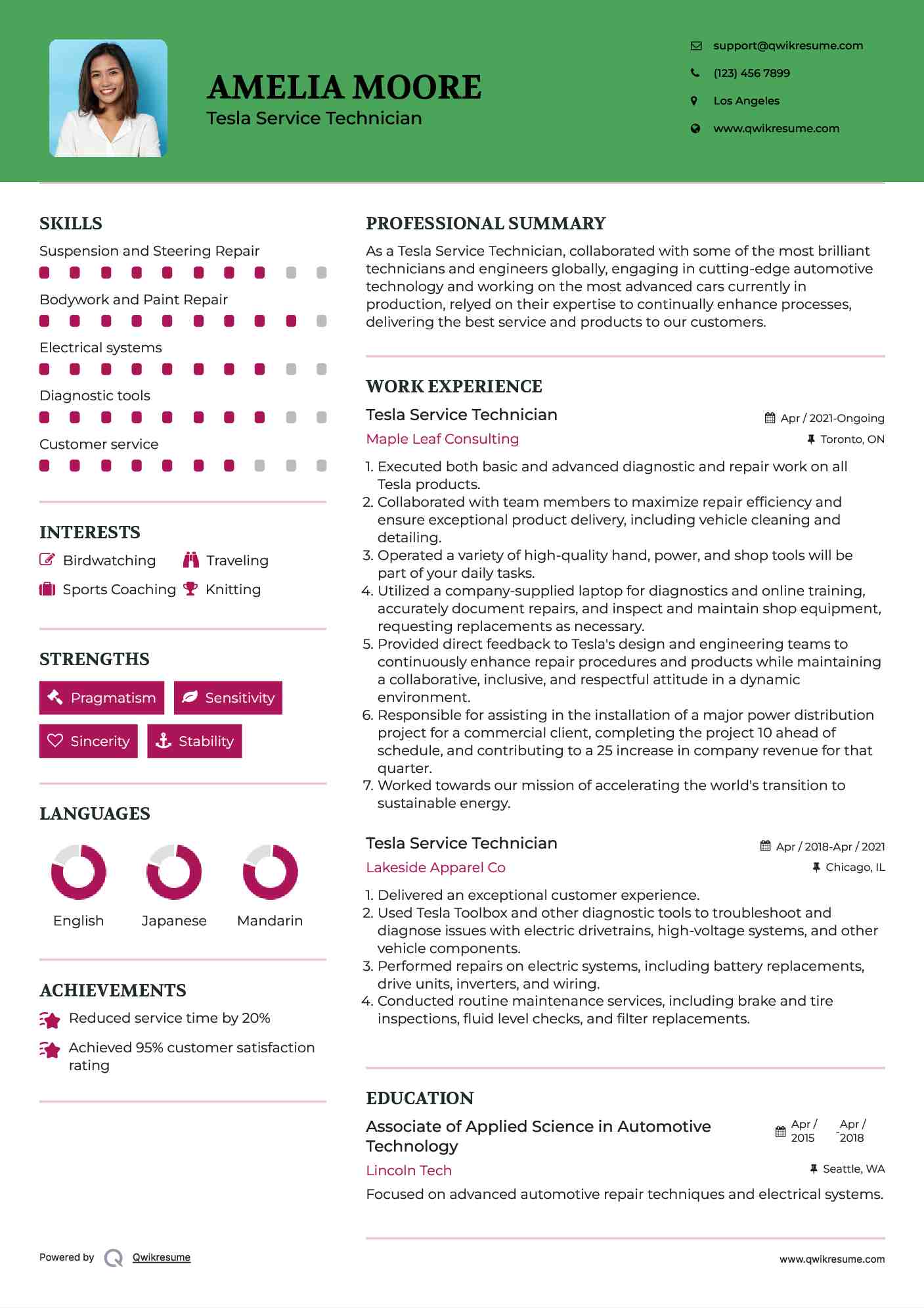 Tesla Service Technician Resume Example