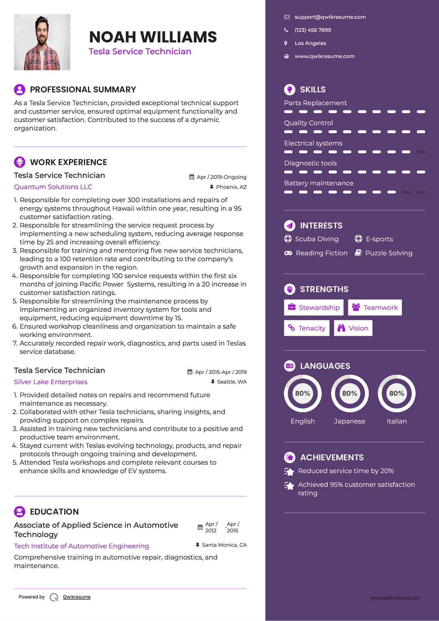 Tesla Service Technician Resume Sample