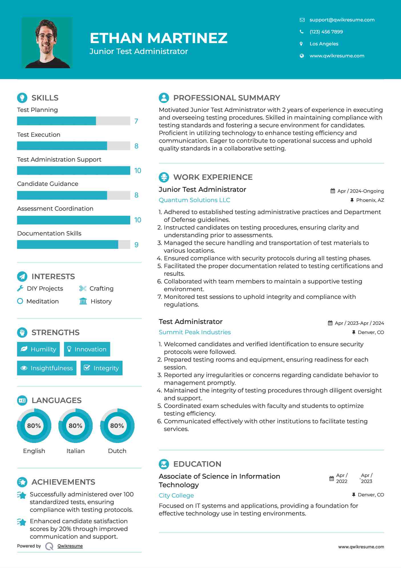 Junior Test Administrator Resume Sample