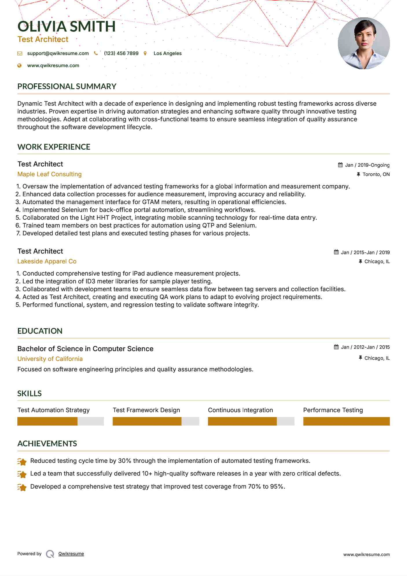 Test Architect Resume Sample