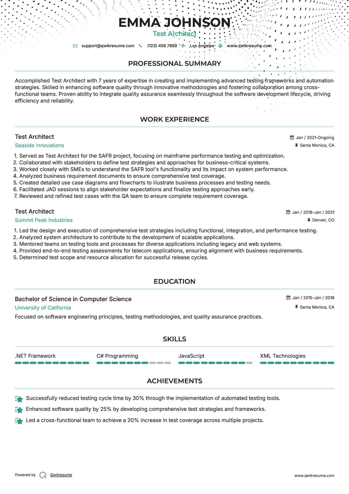 Test Architect Resume Example