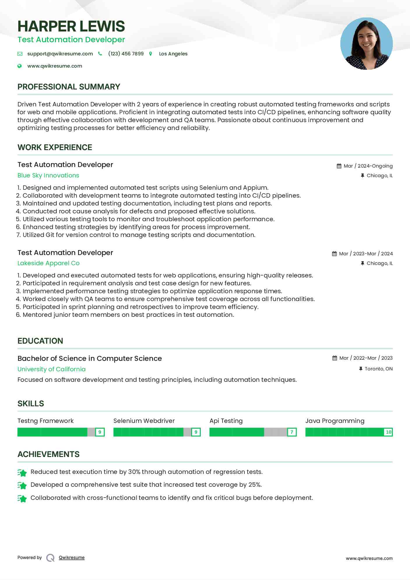 Test Automation Developer Resume Sample