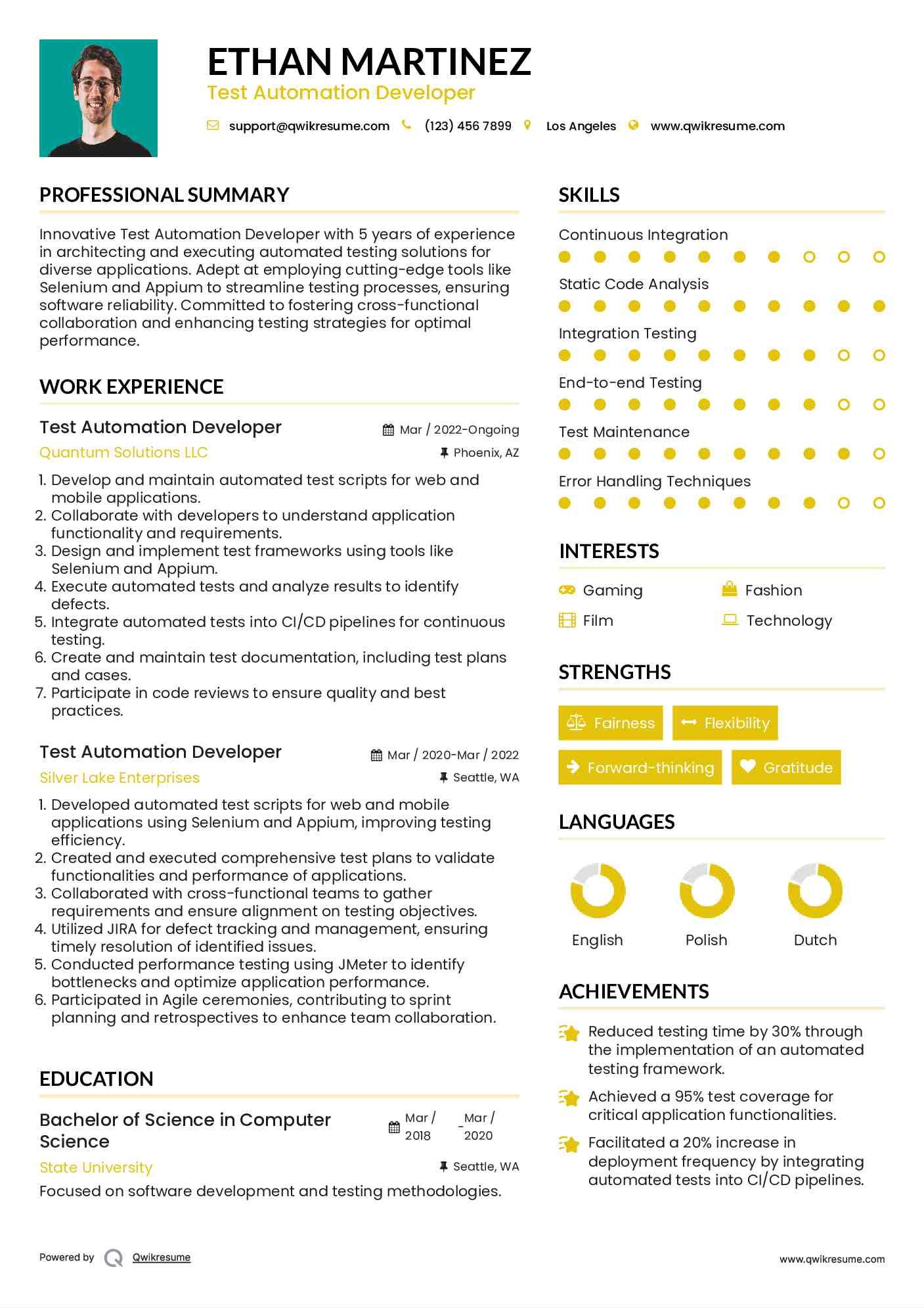 Test Automation Developer Resume Samples QwikResume