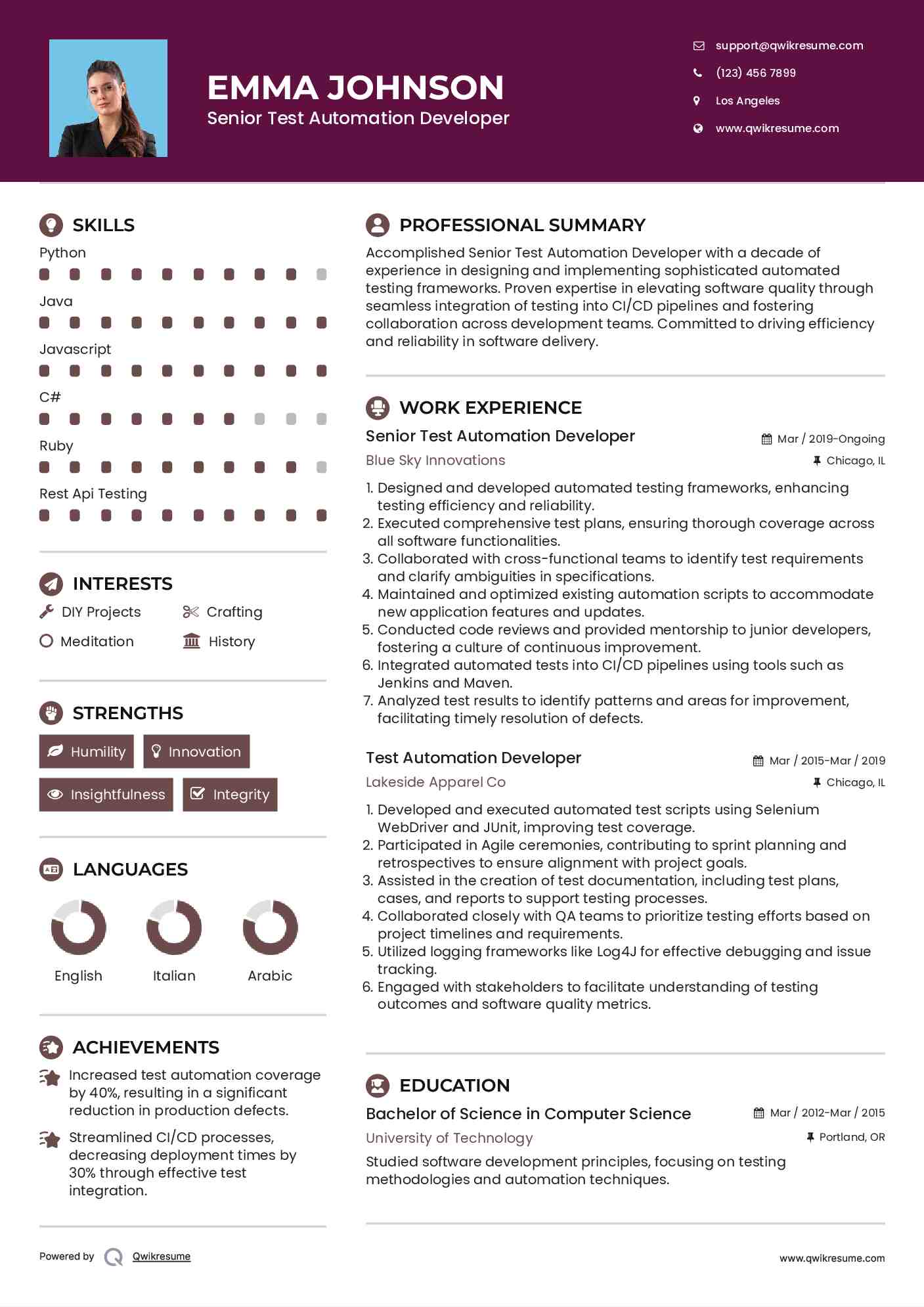 Senior Test Automation Developer Resume Model