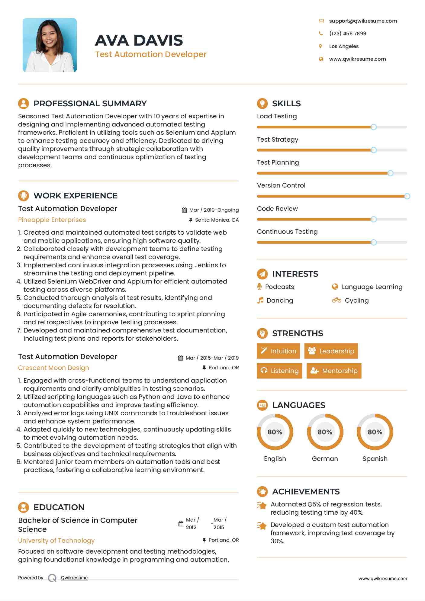 Test Automation Developer Resume Model