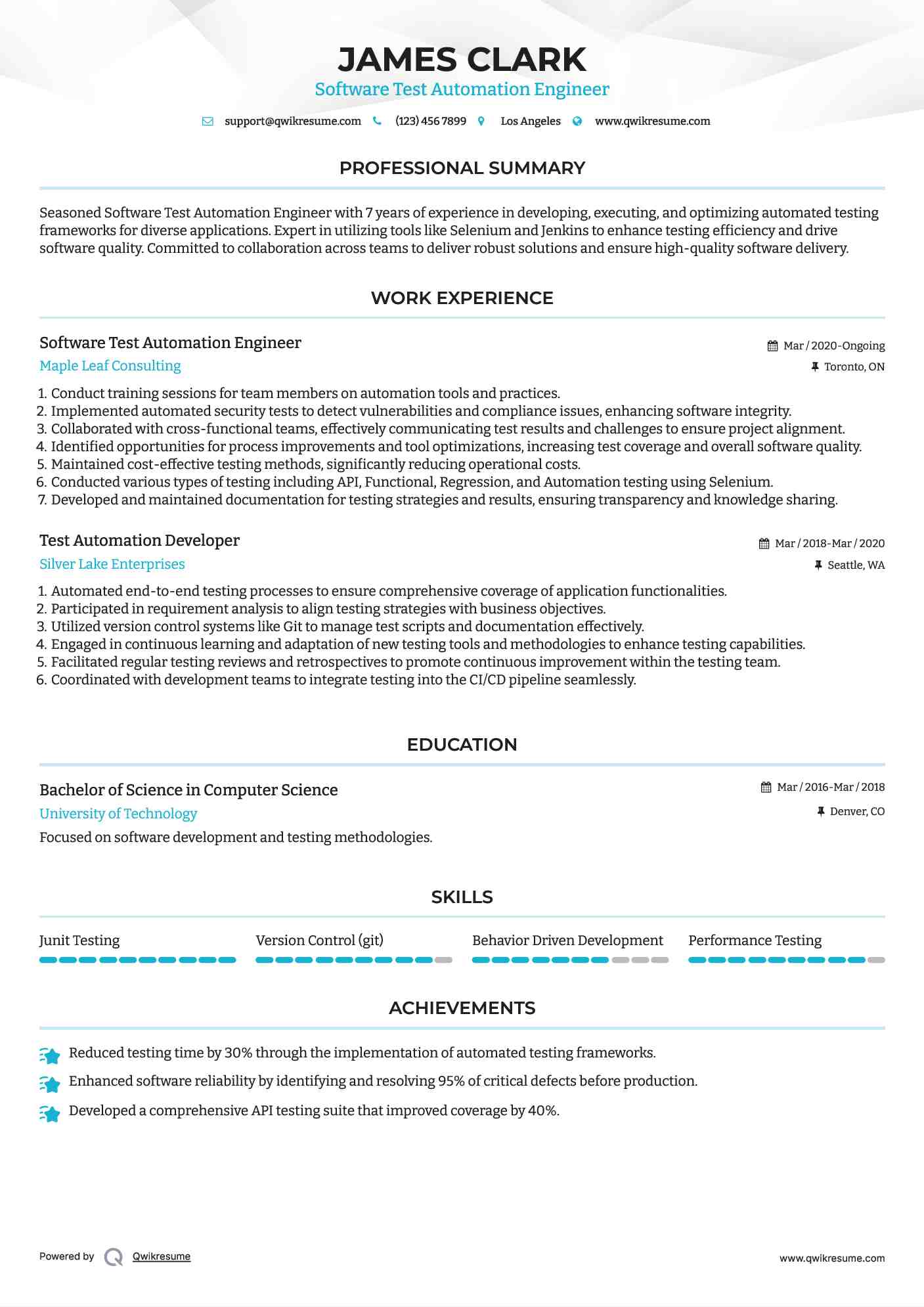 Test Automation Developer Resume Samples QwikResume
