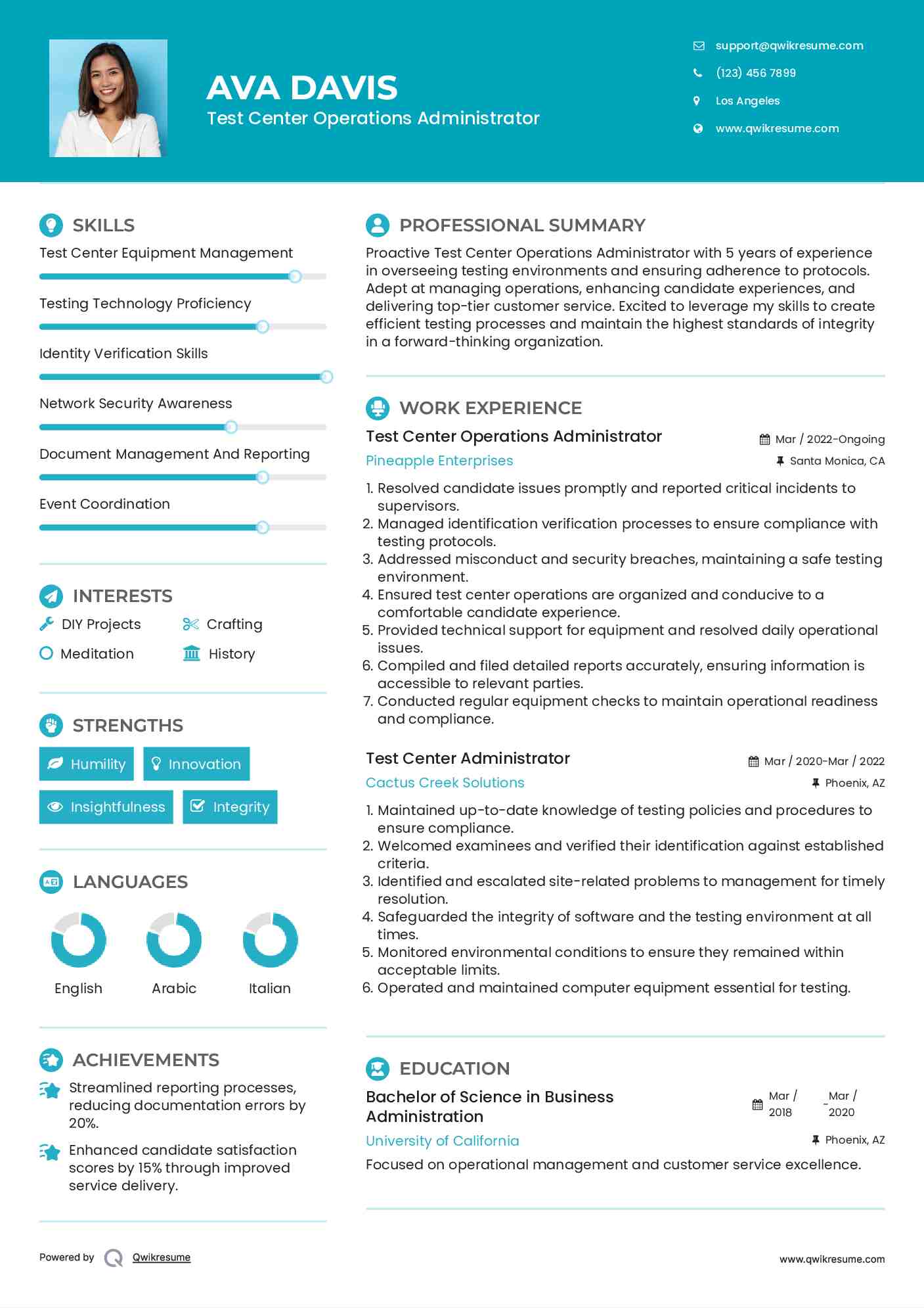 Test Center Operations Administrator Resume Sample