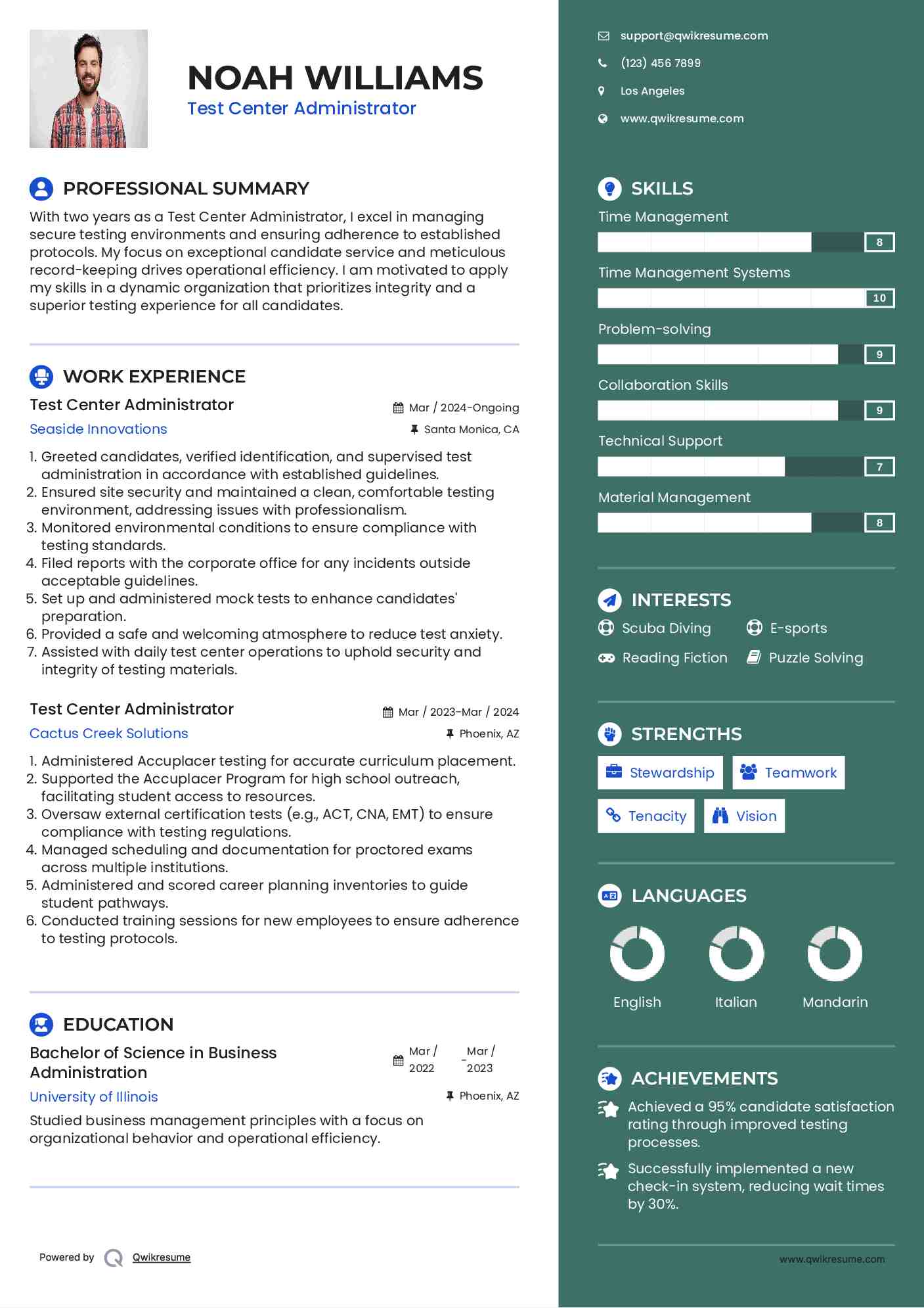 Test Center Administrator Resume Template