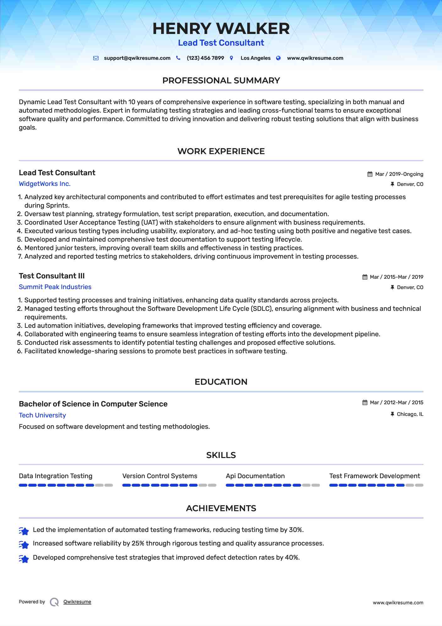 Lead Test Consultant Resume Example