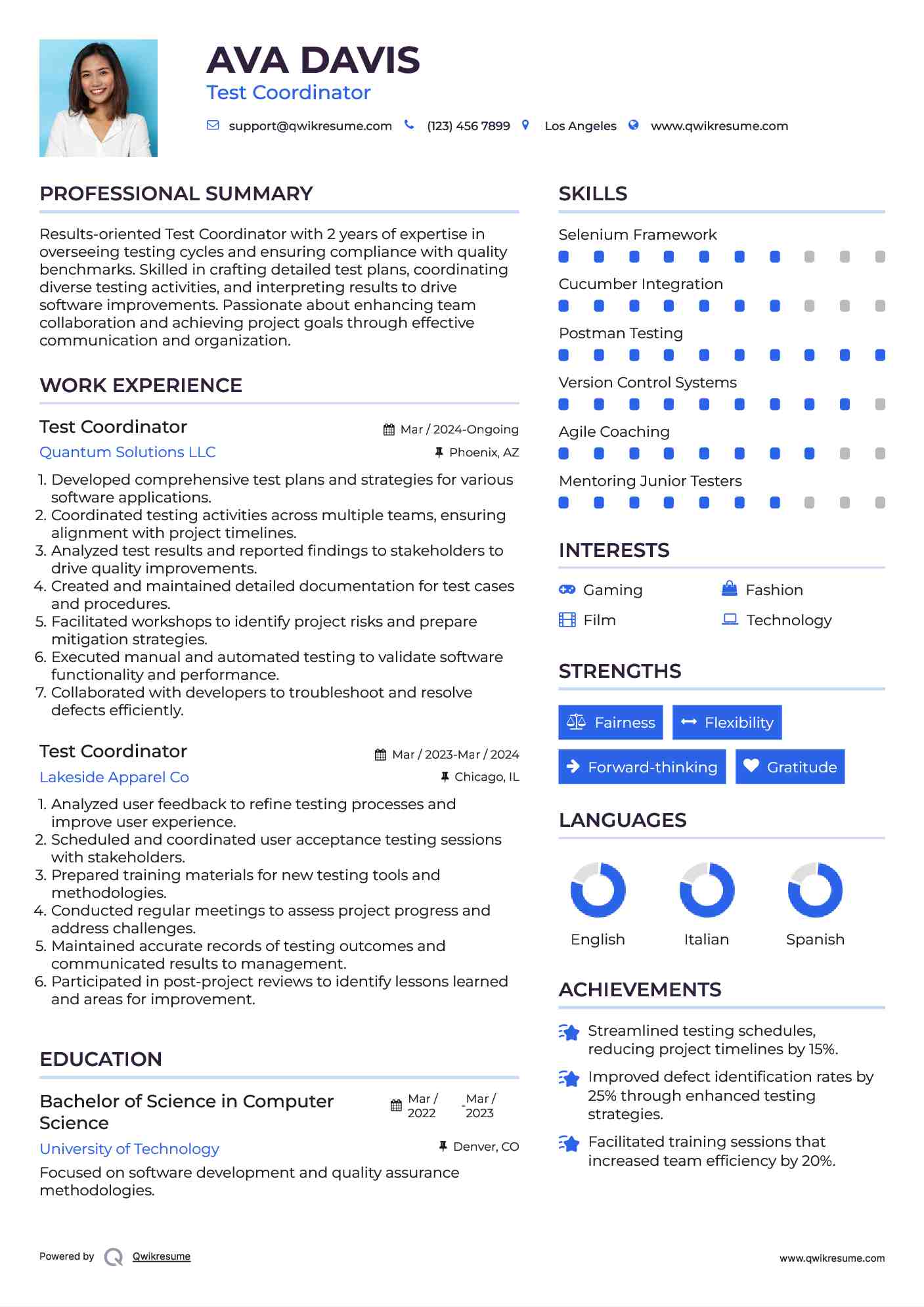 Test Coordinator Resume Format