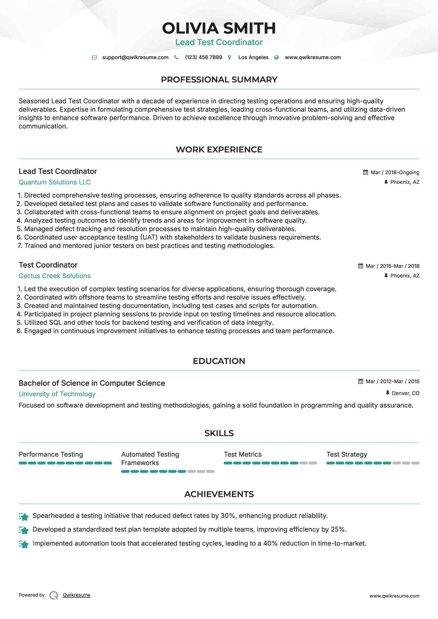 Lead Test Coordinator Resume Format