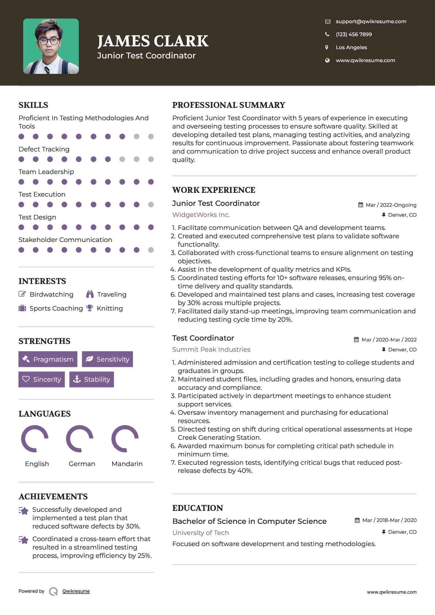 Junior Test Coordinator Resume Example