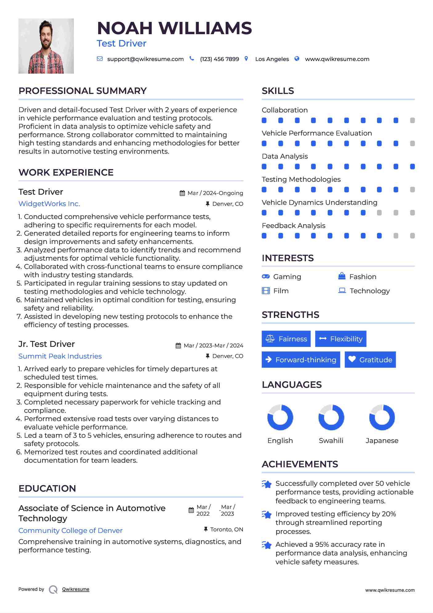Test Driver Resume Template