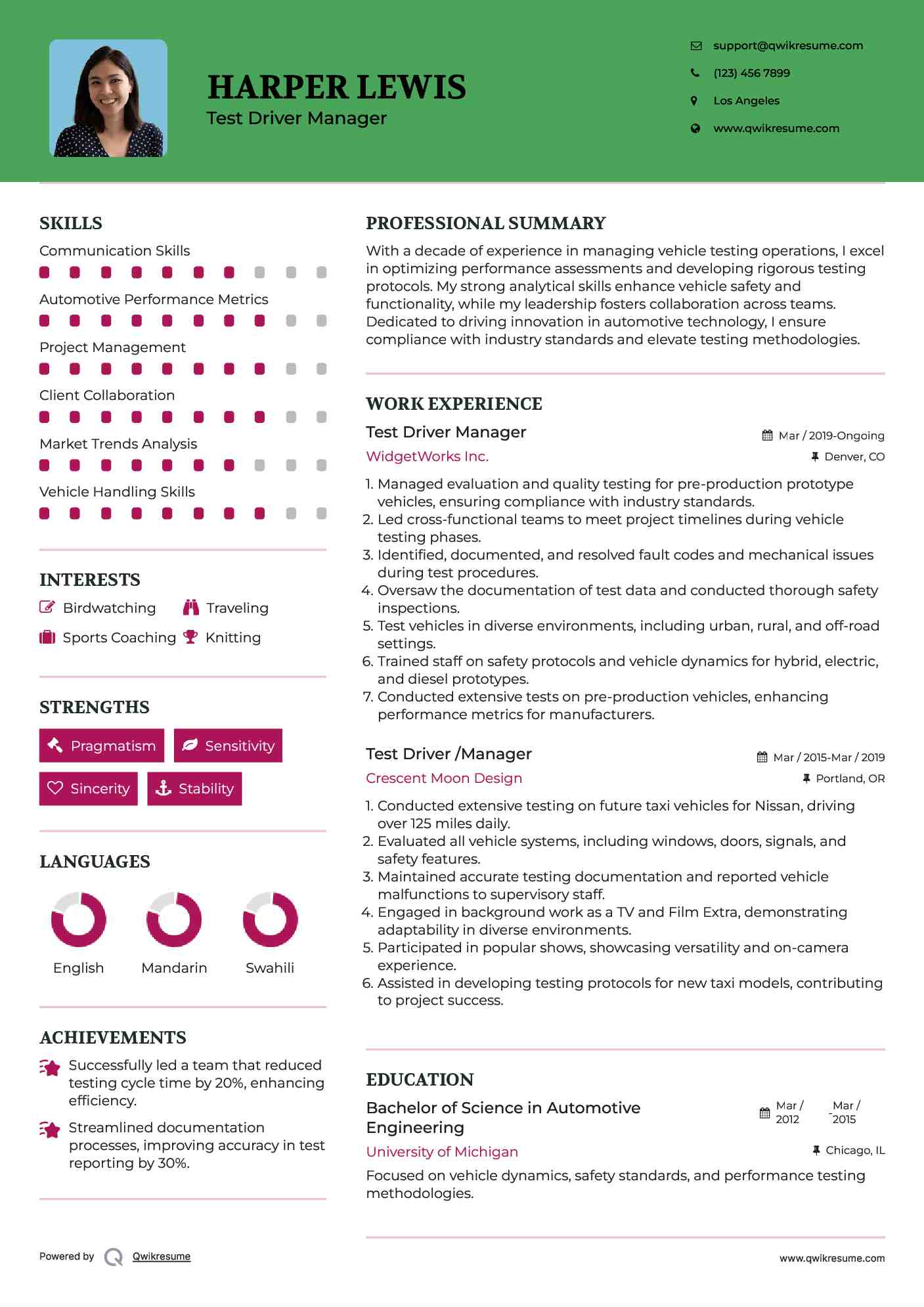 Test Driver Manager Resume Example