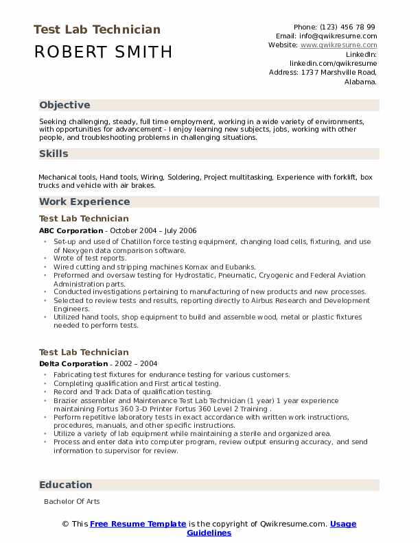 Test Lab Technician Resume Samples QwikResume