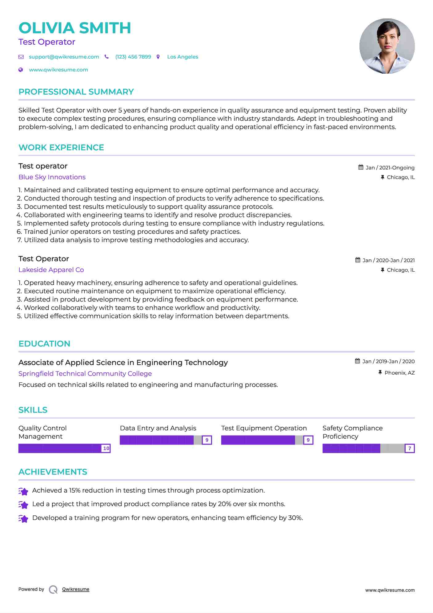 Test operator Resume Example
