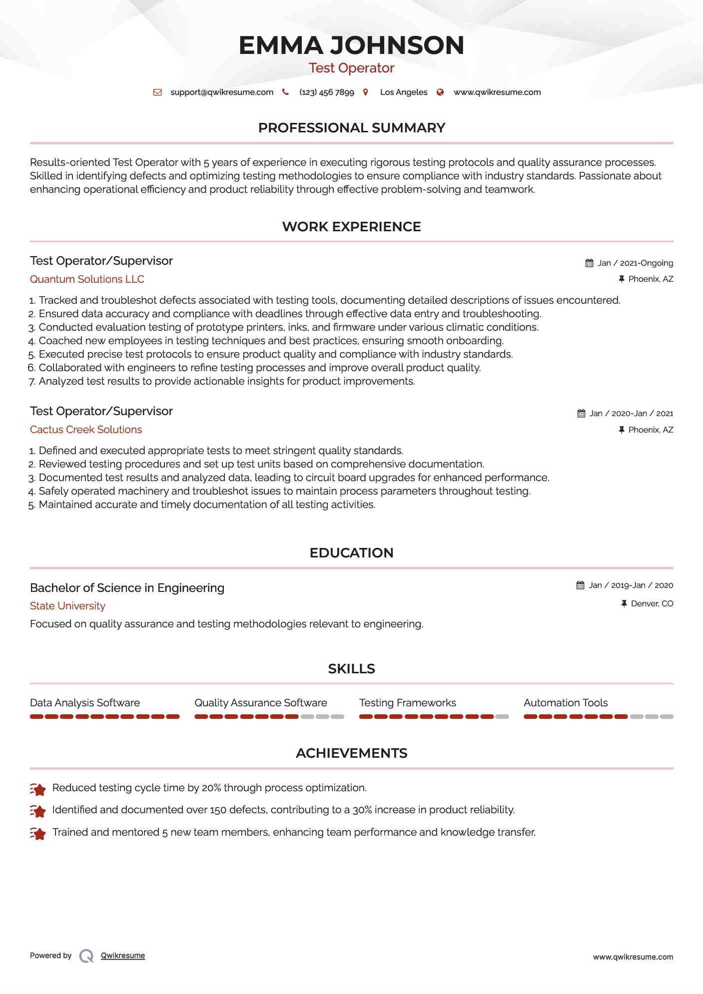 Test Operator/Supervisor Resume Format