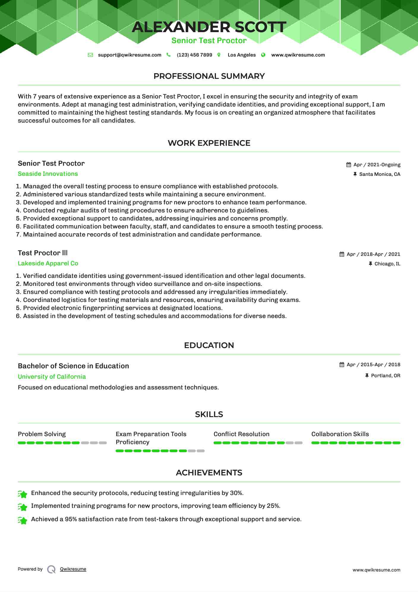 Senior Test Proctor Resume Sample