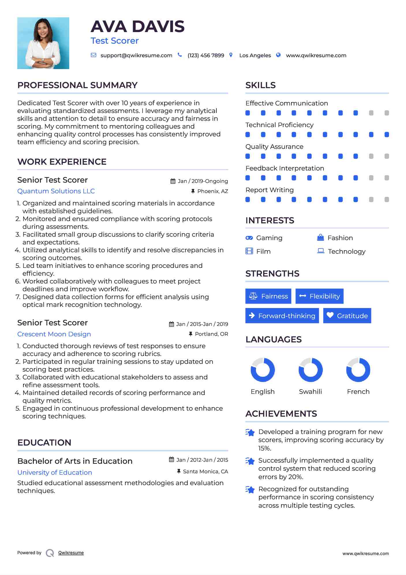 Senior Test Scorer Resume Example
