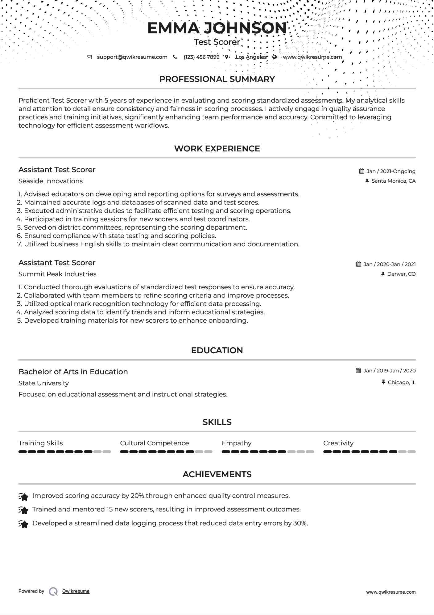 Assistant Test Scorer Resume Sample