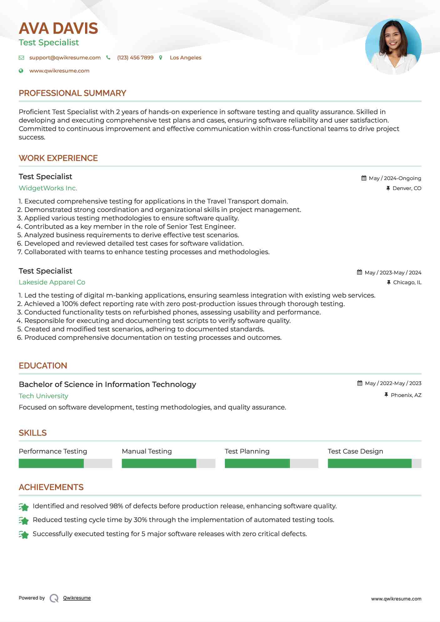 Test Specialist Resume Template