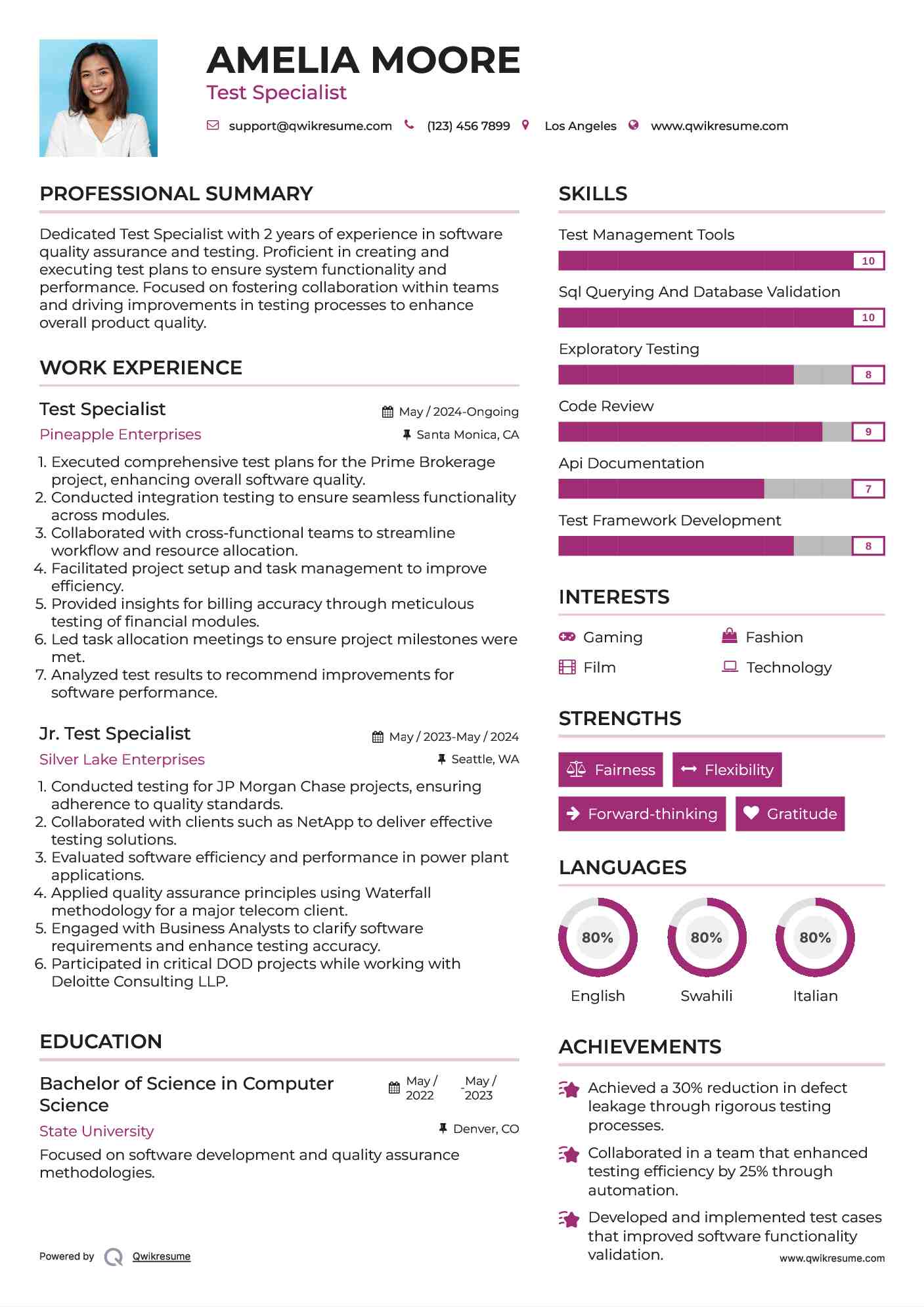 Test Specialist Resume Example