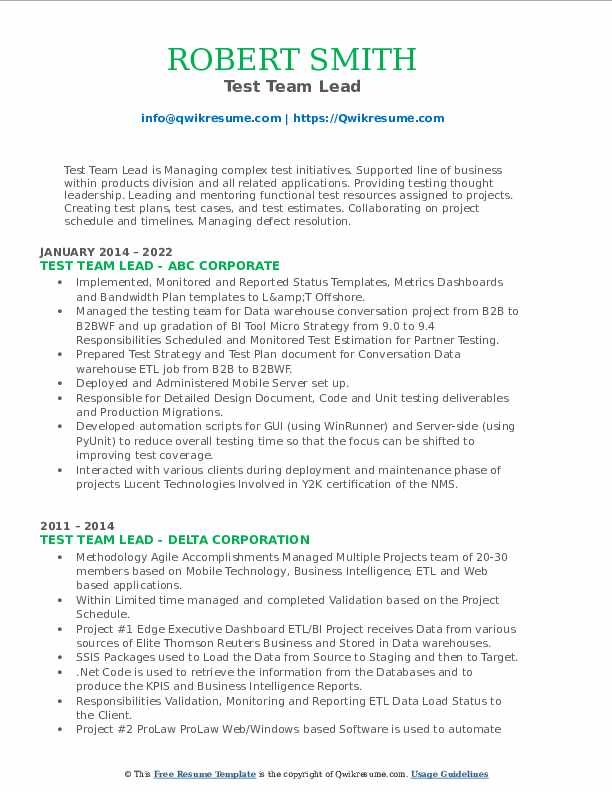 Test Team Lead Resume Samples QwikResume