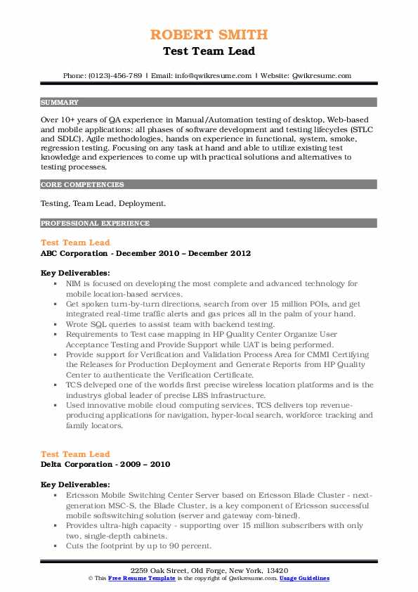 Test Team Lead Resume Samples QwikResume