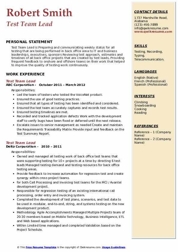 Test Team Lead Resume Samples QwikResume