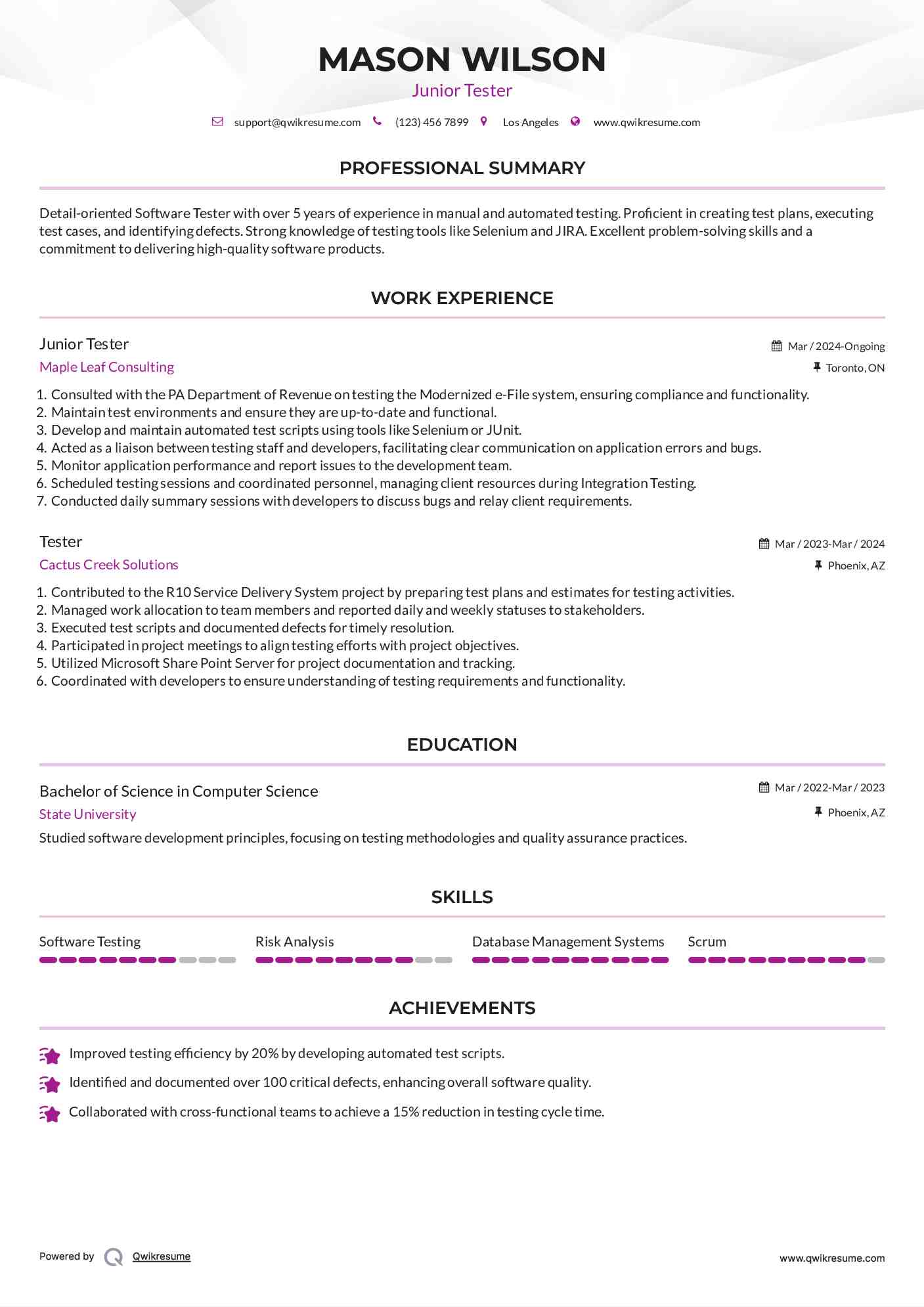 Junior Tester Resume Example