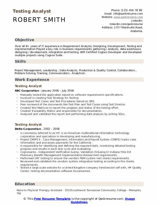 Testing Analyst Resume Samples QwikResume