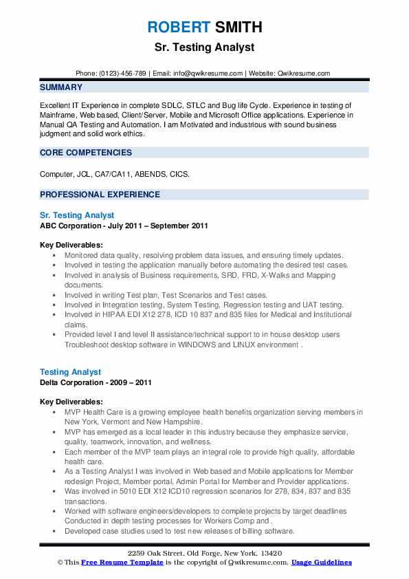 Testing Analyst Resume Samples QwikResume