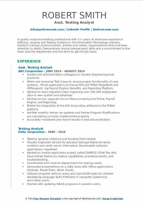 Testing Analyst Resume Samples QwikResume