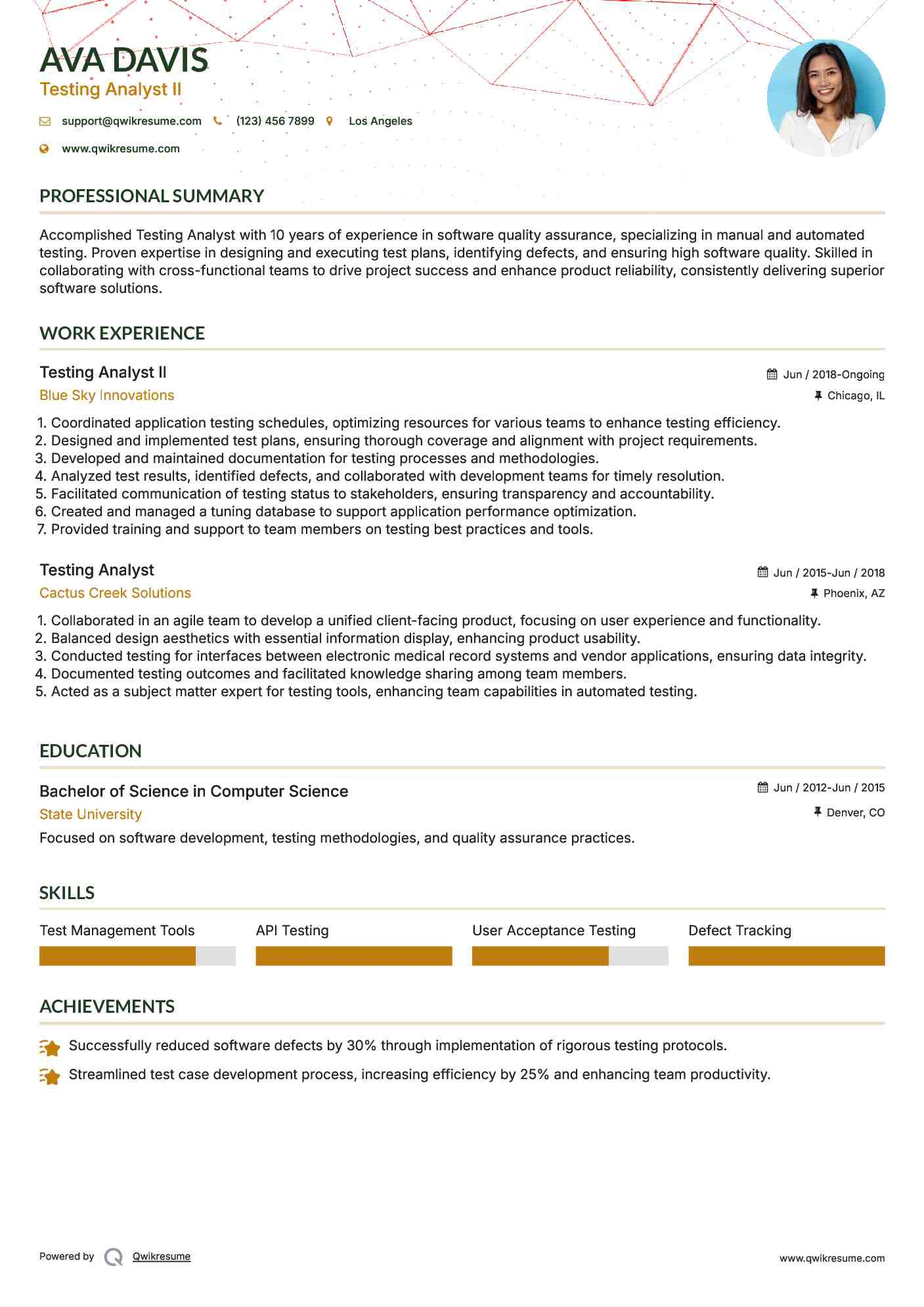 Testing Analyst II Resume Template