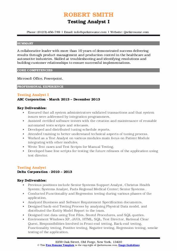 Testing Analyst Resume Samples QwikResume