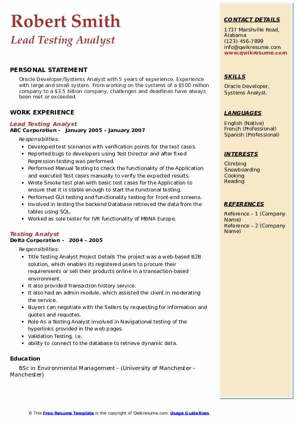 Testing Analyst Resume Samples QwikResume