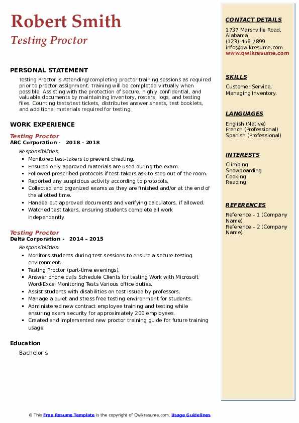 Testing Proctor Resume Samples QwikResume