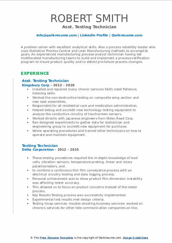 Testing Technician Resume Samples | QwikResume