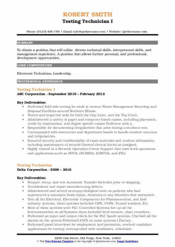 Testing Technician Resume Samples QwikResume