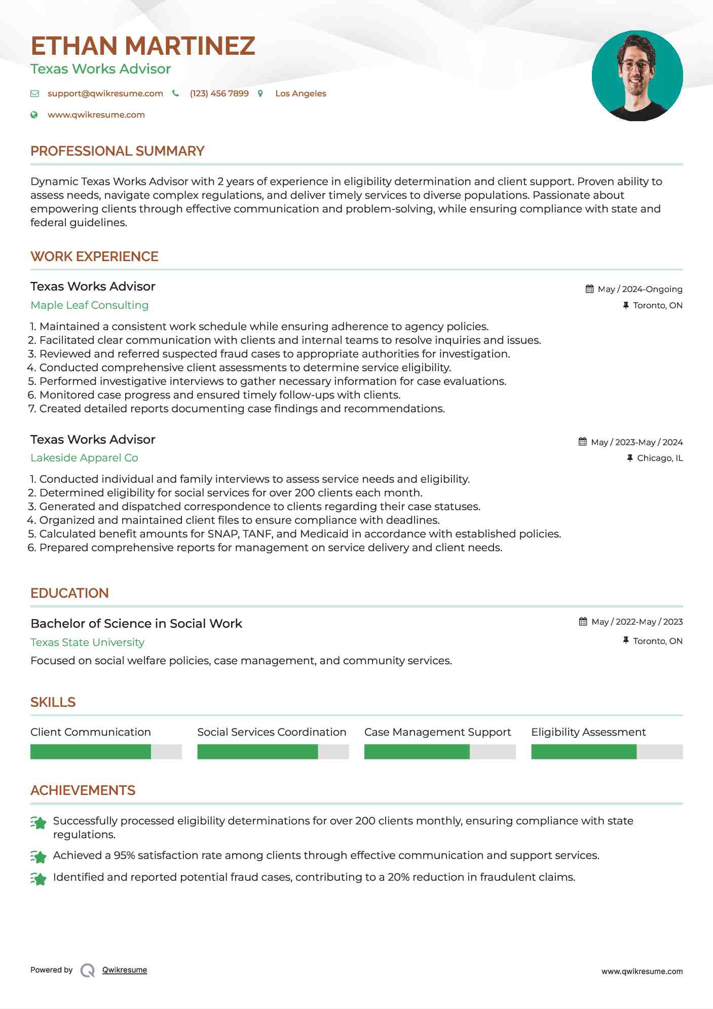 Texas Works Advisor Resume Sample
