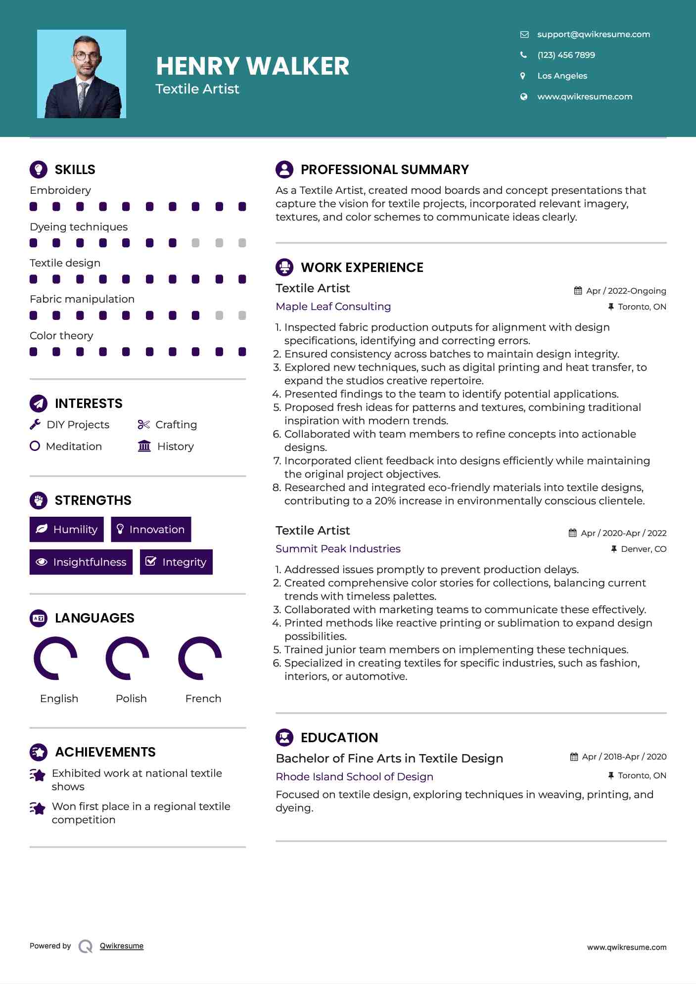 Textile Artist Resume Template