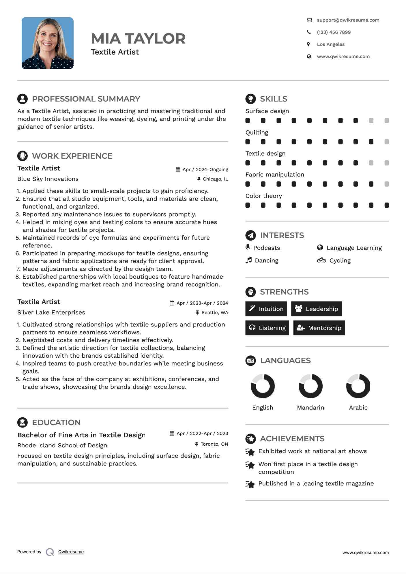 Textile Artist Resume Model